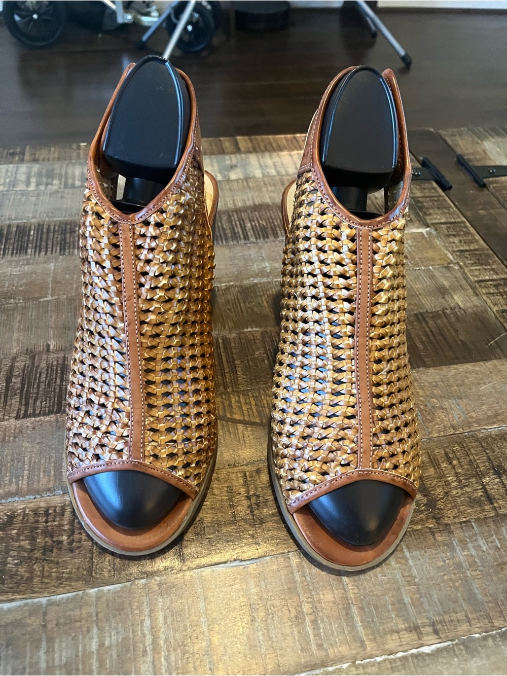 Indigo Woven Open-Toe Mule in Tan and Black